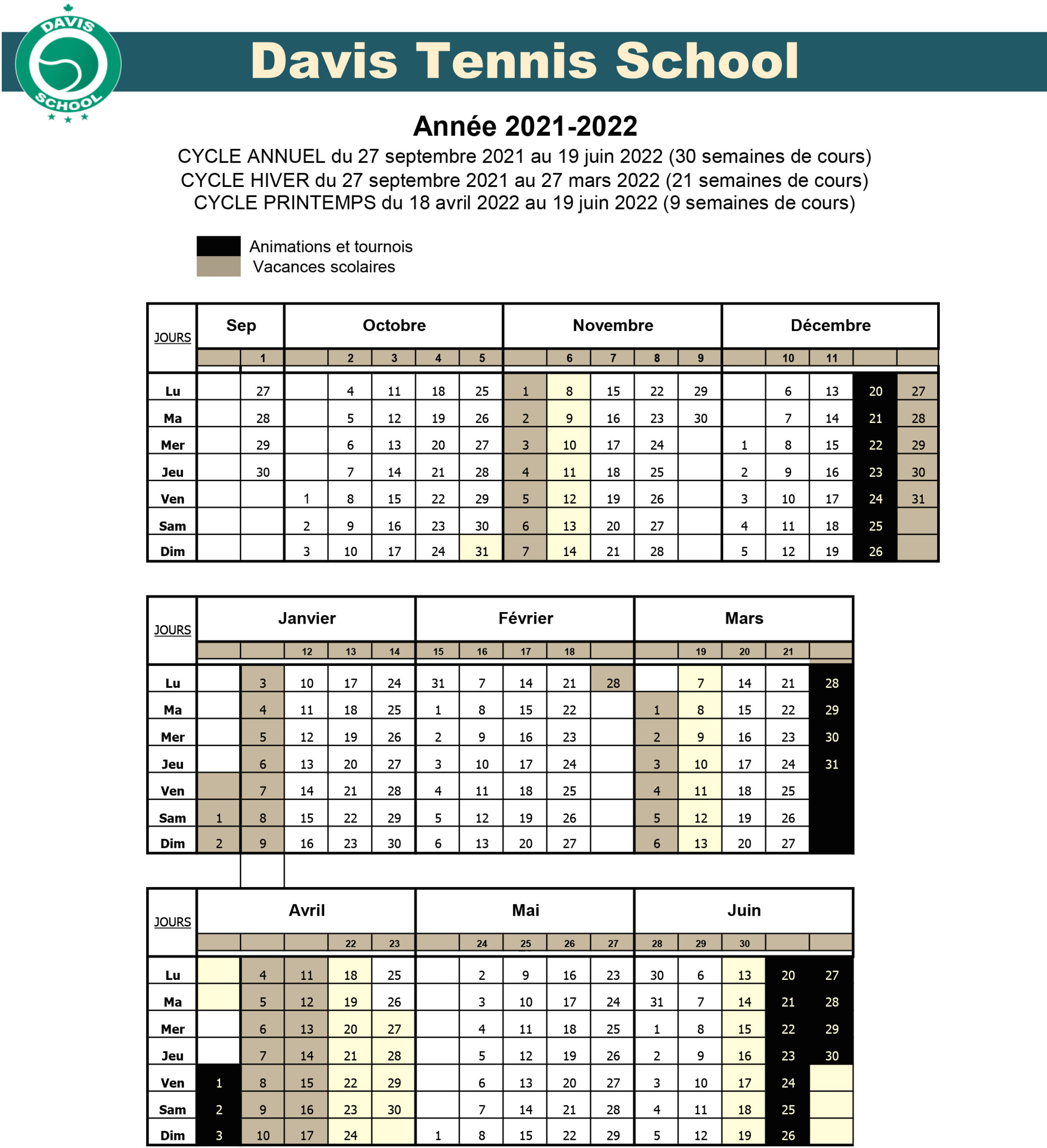 Calendrier Ecole 2021-2022