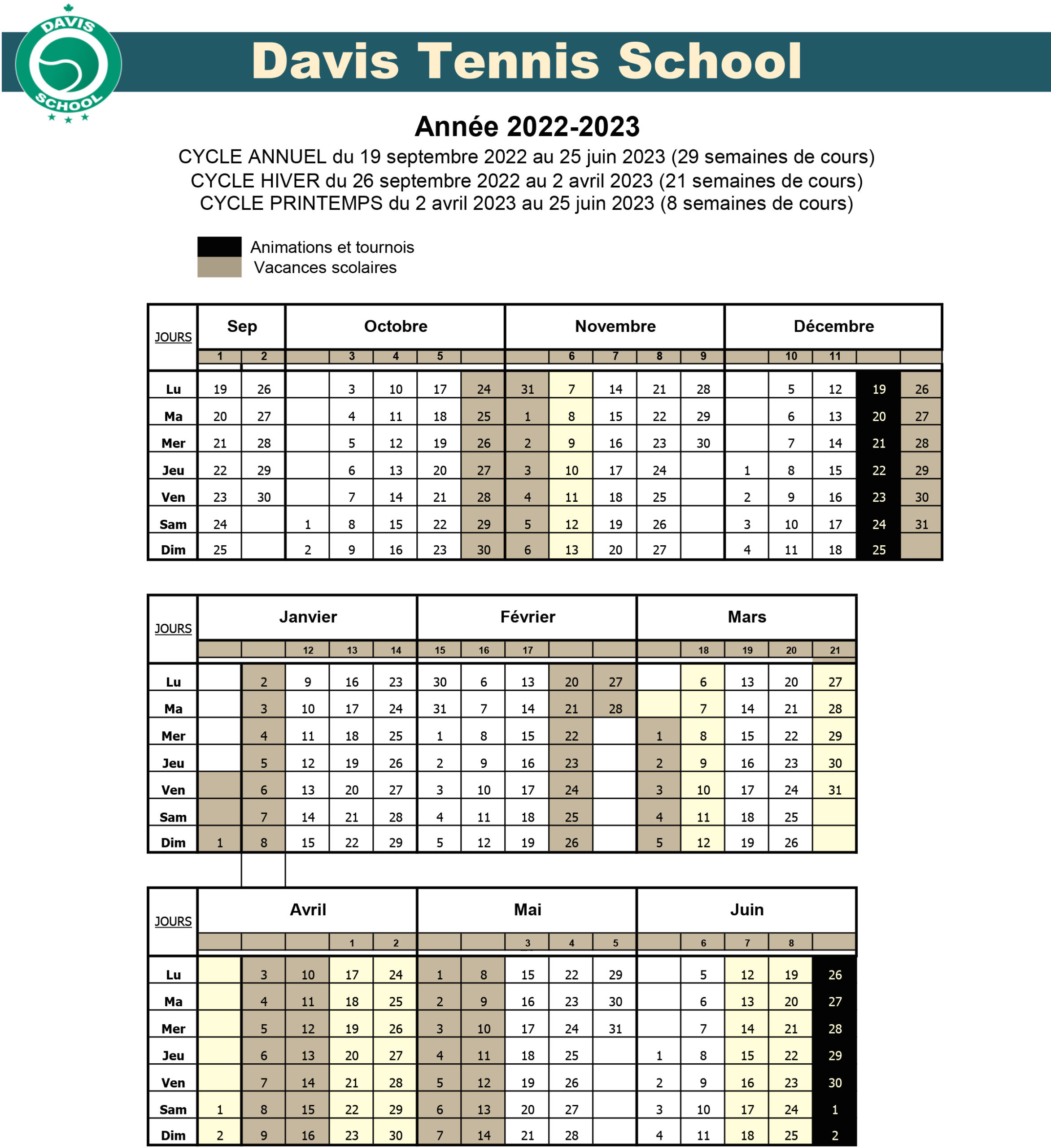 Calendrier Ecole 2022-2023
