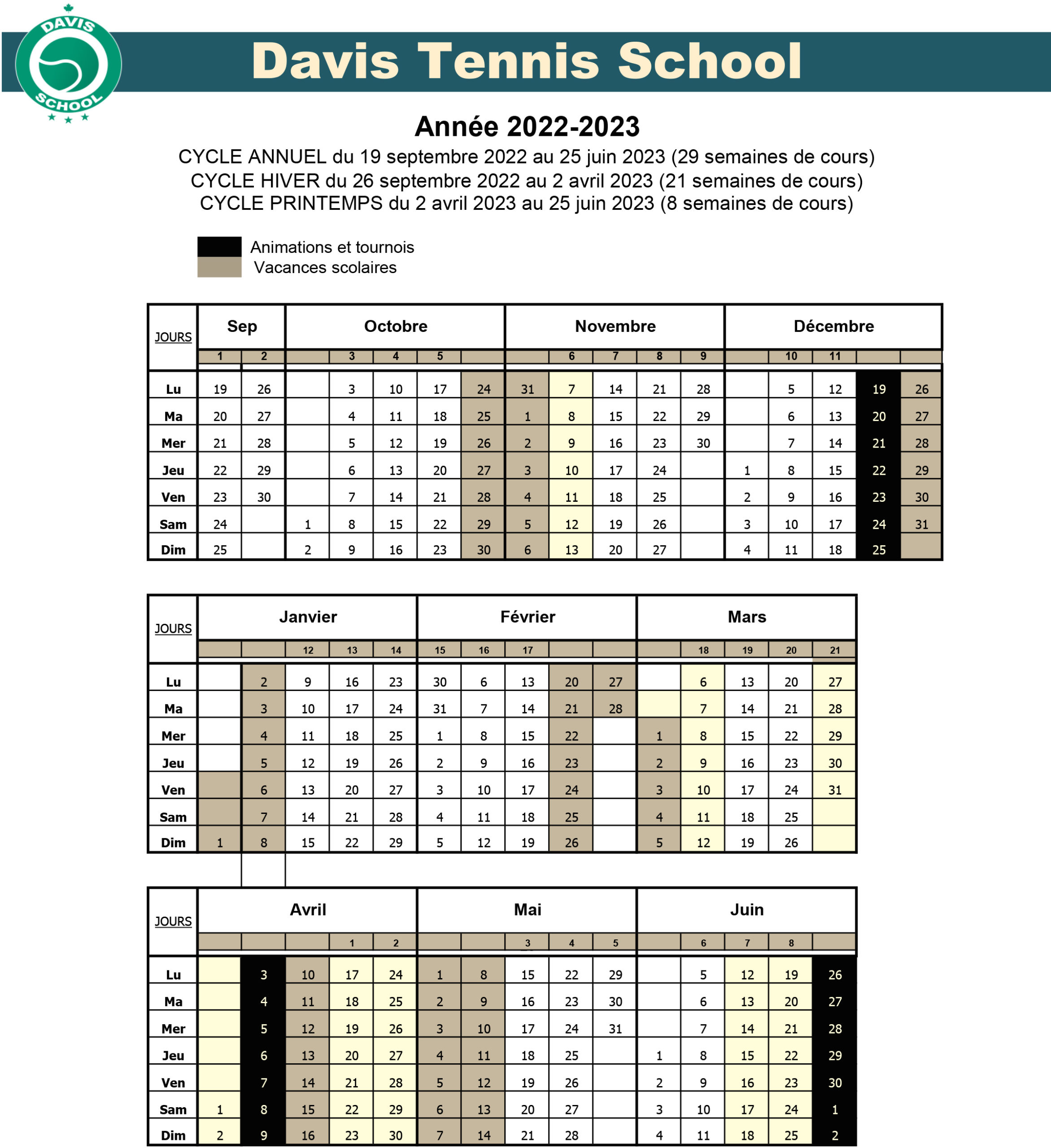Calendrier Ecole 2022-2023