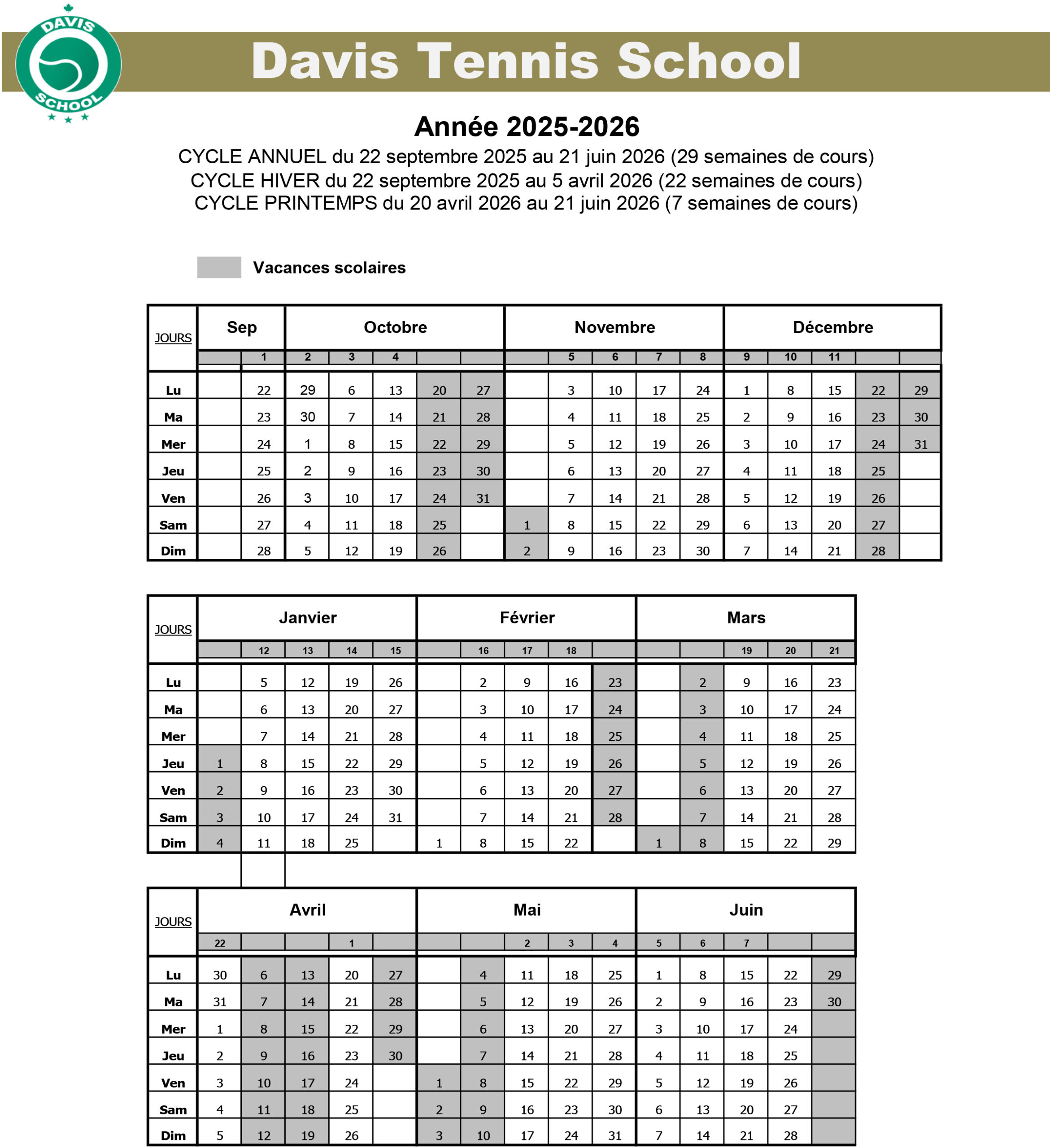 Calendrier Ecole 2025-2026 site